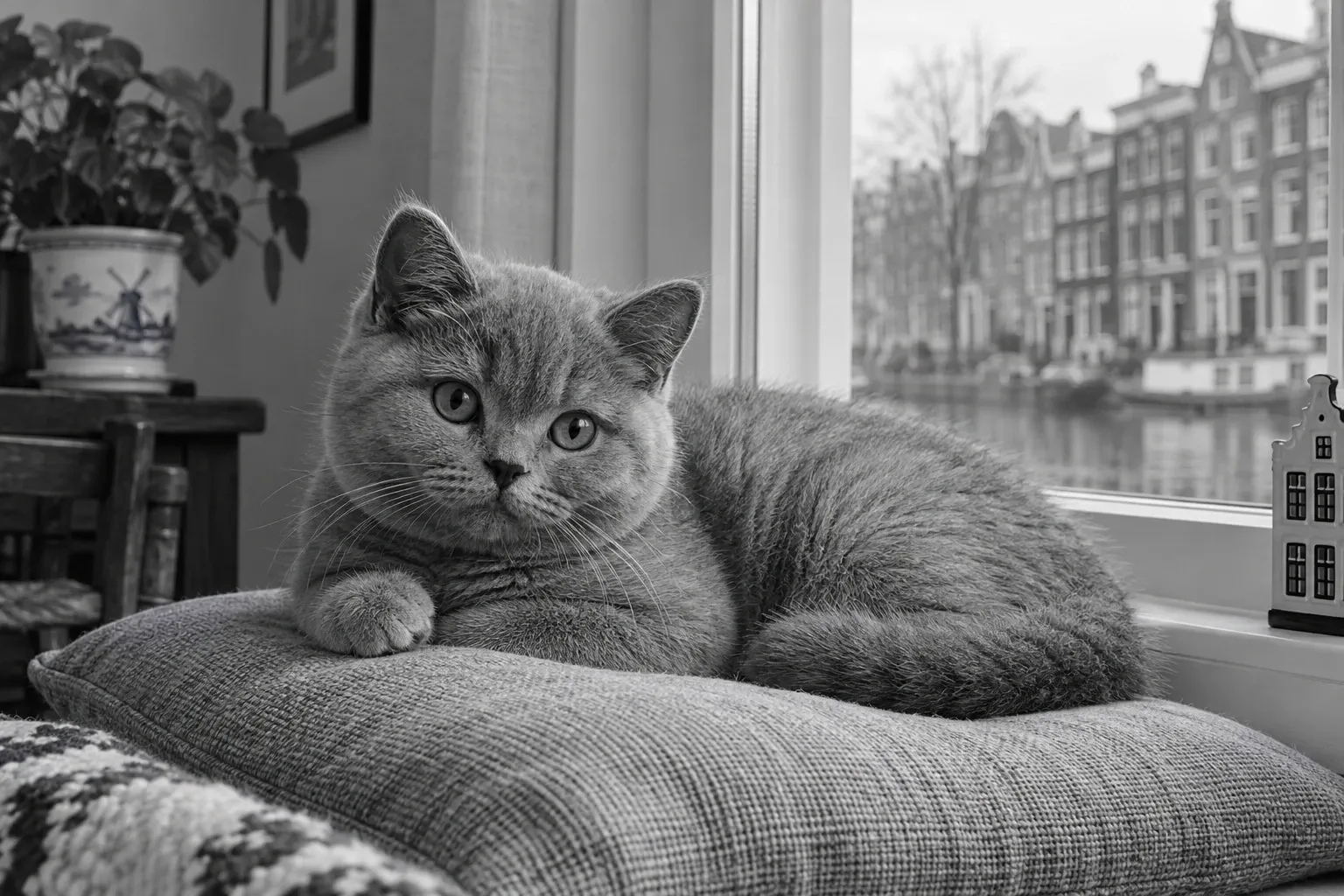 Britse korthaar kitten liggend op kussen bij raam, grachtenpand uitzicht buiten