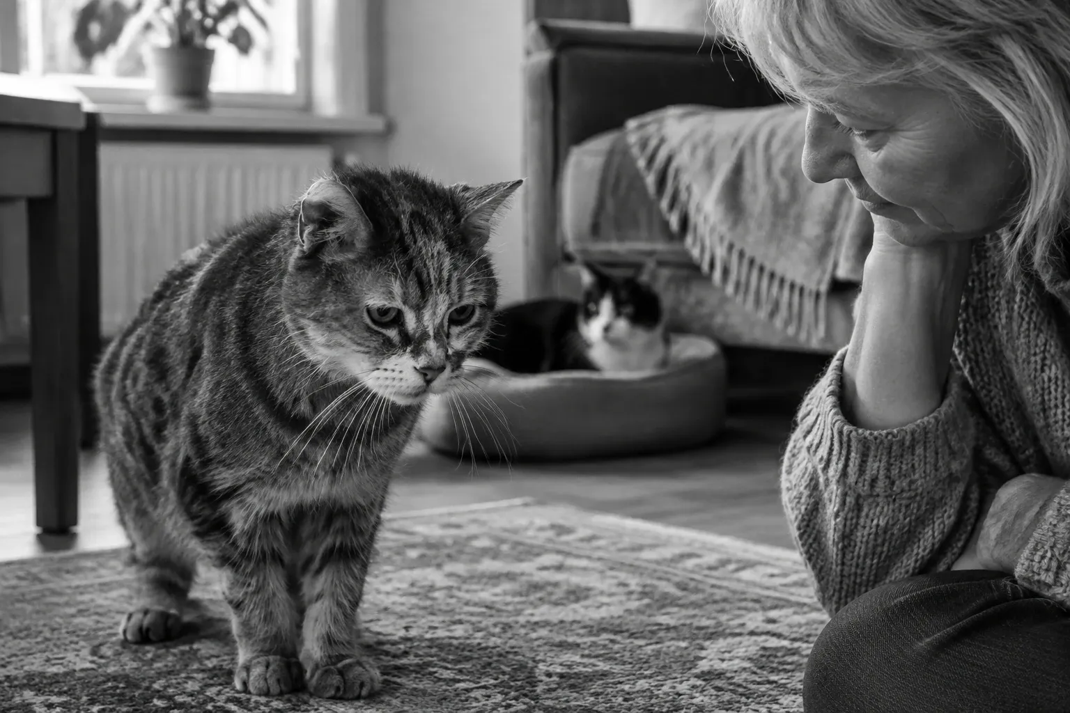 Oudere kat loopt traag over tapijt terwijl vrouw aandachtig vanaf de vloer kijkt