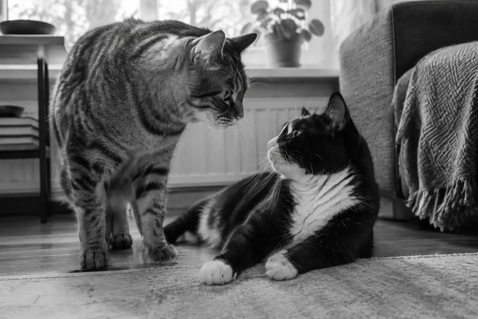 Twee huiskatten: staande gestreepte kat snuffelt liggende zwart-witte kat in woonkamer