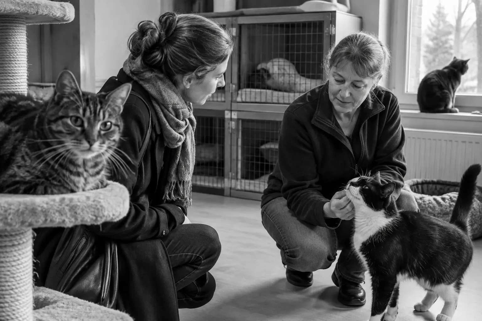 Vrouw bekijkt kattenopvang terwijl medewerkster aait zwart-witte kat, meerdere katten aanwezig