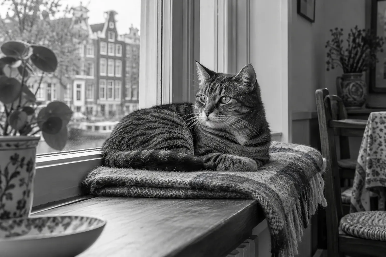 Donker gestreepte kat liggend op de vensterbank op een deken, uitzicht op gracht