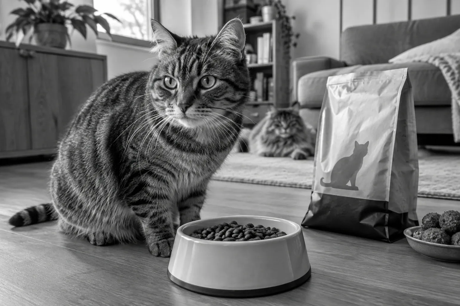 Gevlekte huiskat bij volle voerbak en kattenbrokzak in woonkamer