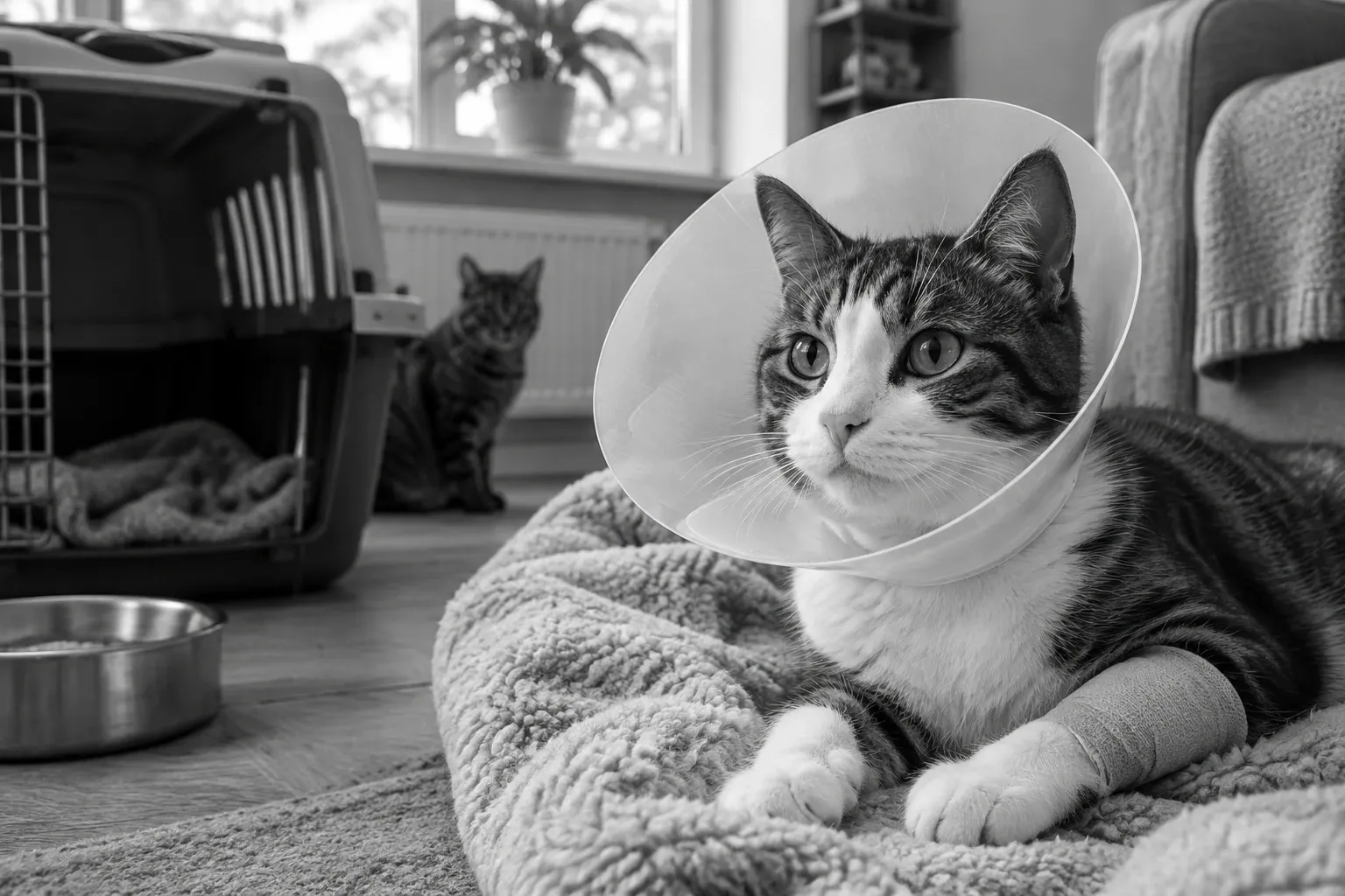 Kat met beschermkraag en verband ligt op zacht kussen in woonkamer, reiskrat en andere kat zichtbaar