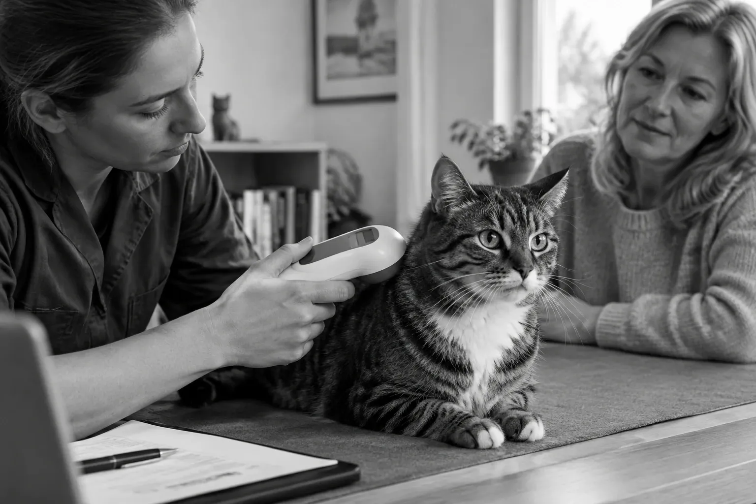 Dierenarts scant chip met lezer bij rustige getijgerde kat op tafel, eigenaar kijkt toe