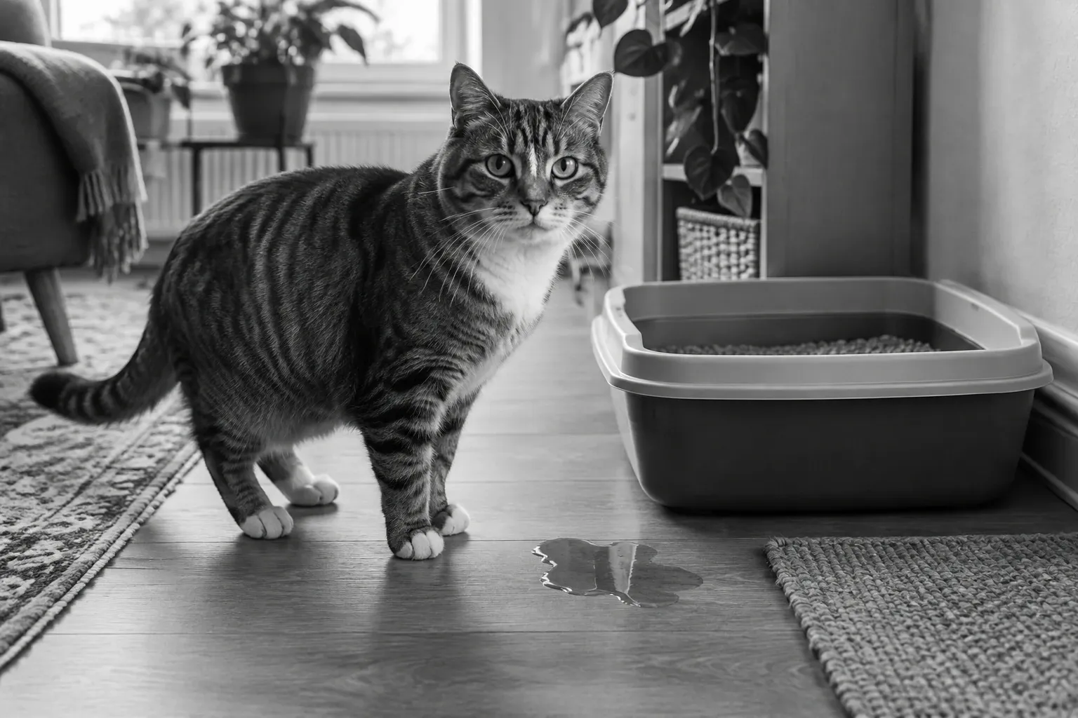Gestreepte kat naast kattenbak op houten vloer met plas naast bak, binnenruimte, daglicht