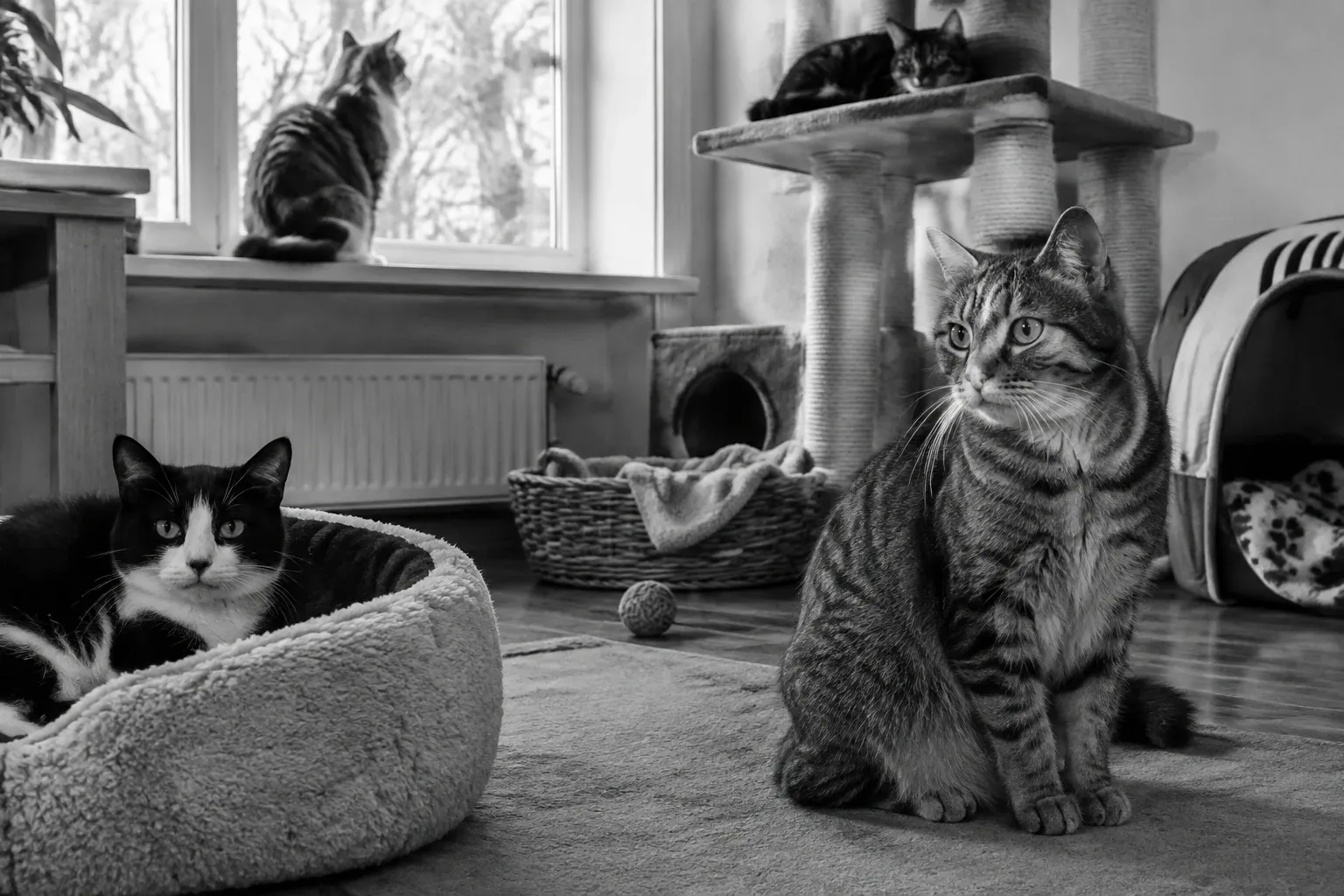 Vier katten in een kamer met krabpaal, mandjes en raamlicht