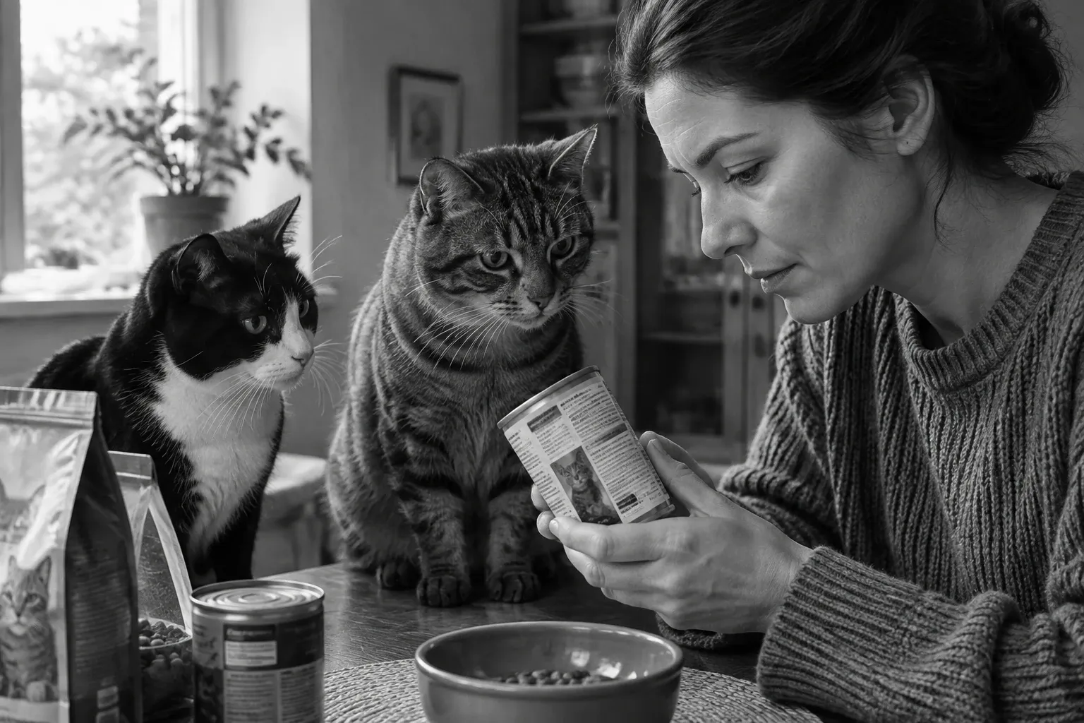 Vrouw leest kattenvoerconserven label terwijl twee katten aandachtig toekijken