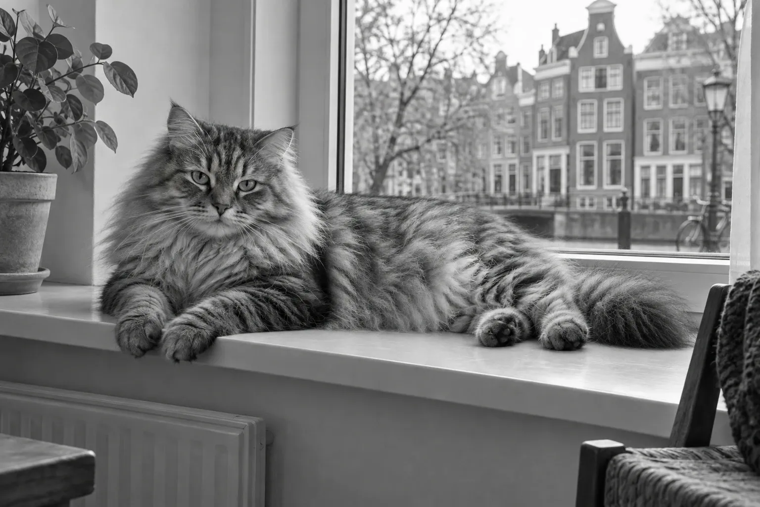 Siberische kat ontspannen op vensterbank met grachtenhuisjes zichtbaar buiten