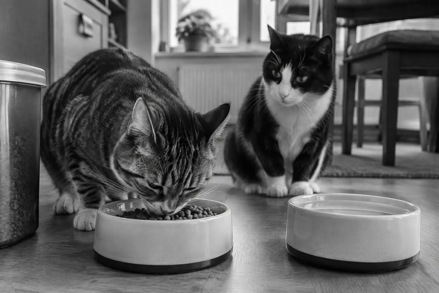 Twee katten bij keukenvloer, een eet uit een bak met droog kattenvoer terwijl de ander kijkt